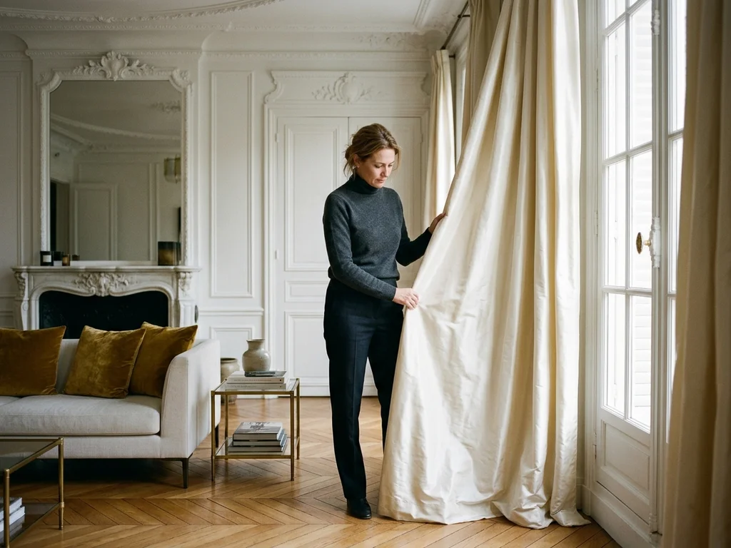 Architecte d'intérieur ajustant les finitions d'un luxueux salon haussmannien baigné de lumière naturelle à Paris.
