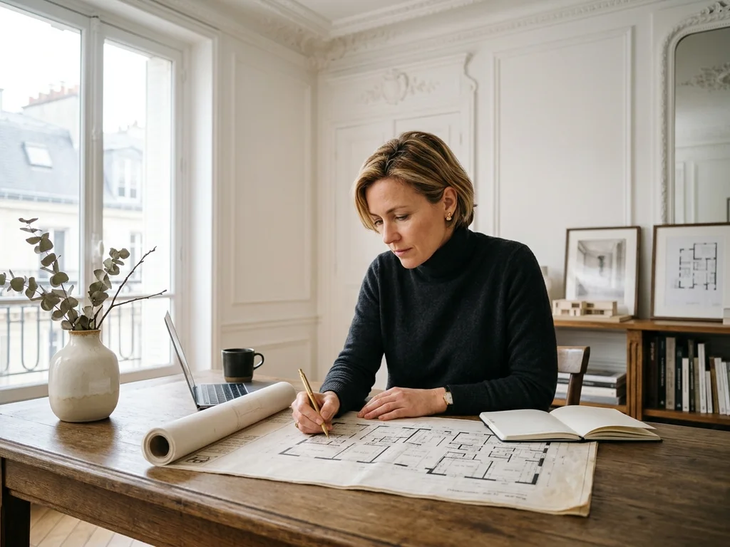 Une architecte d’intérieur analyse des plans haussmanniens pour illustrer une méthodologie de conception rigoureuse.