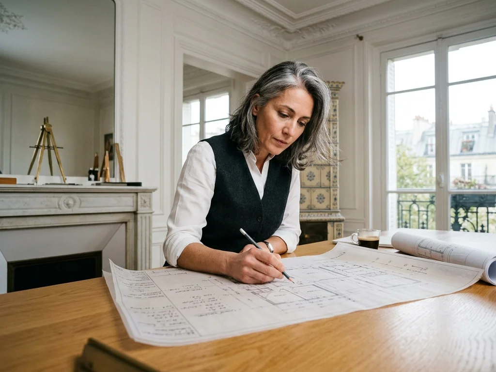 Plans d'architecte détaillés pour une rénovation avenue Georges Mandel, dessinés à la main avec précision.