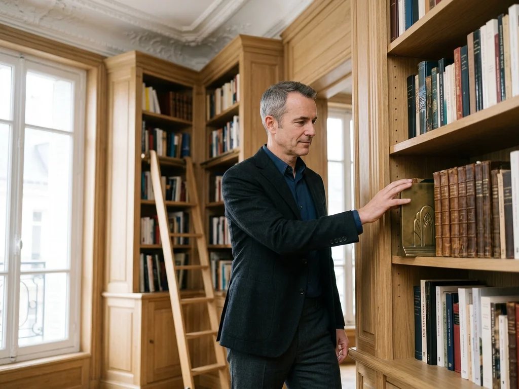 Bibliothèque en chêne massif sur mesure illustrant l'ébénisterie d'excellence dans un intérieur parisien prestigieux.