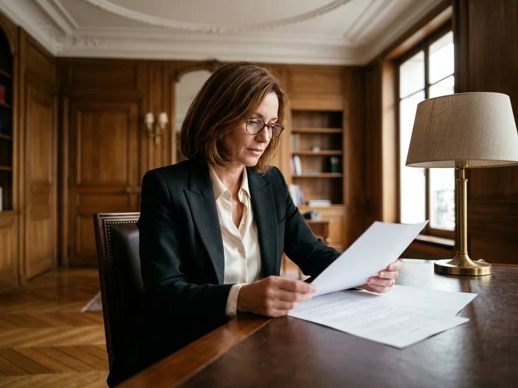 Bureau élégant avec boiseries et parquet chevron, incarnant l'excellence immobilière du seizième arrondissement parisien.