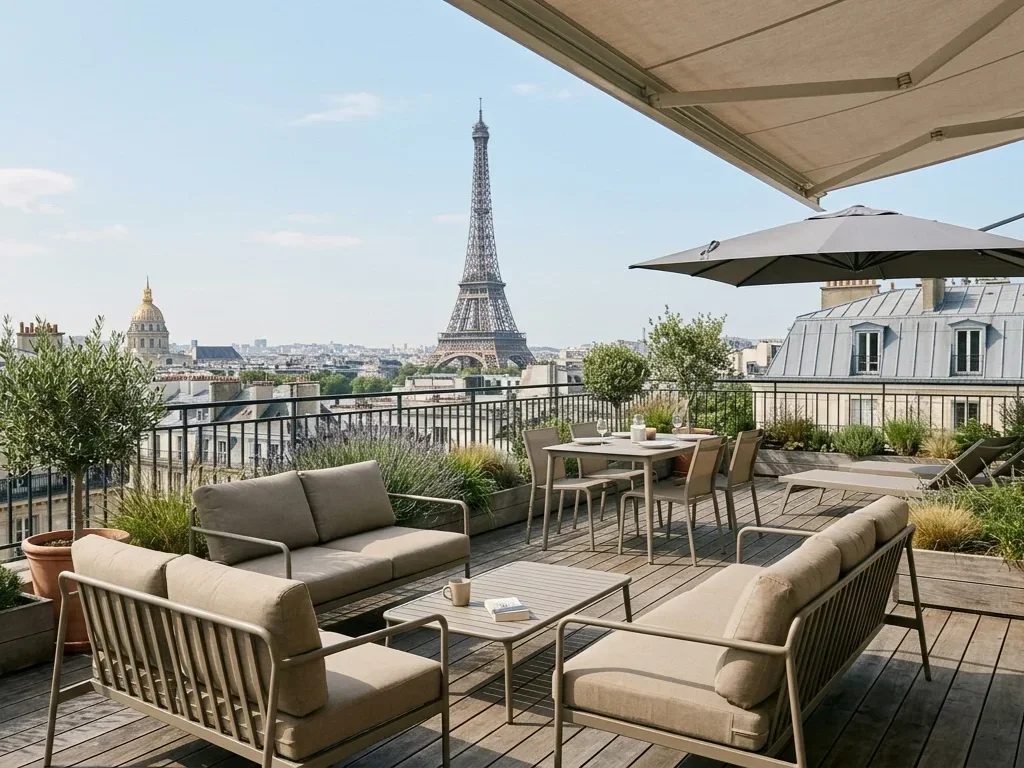 Intérieur minimaliste du Loft Passy avec vue panoramique sur la Tour Eiffel et Paris.