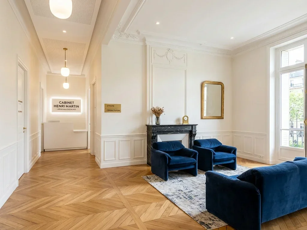 Médecin dans un cabinet médical sobre avenue Henri Martin au design DC Design épuré.