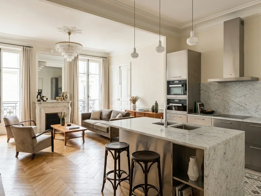 Architecte examinant des finitions dans une cuisine rénovée à La Muette, Paris 16.