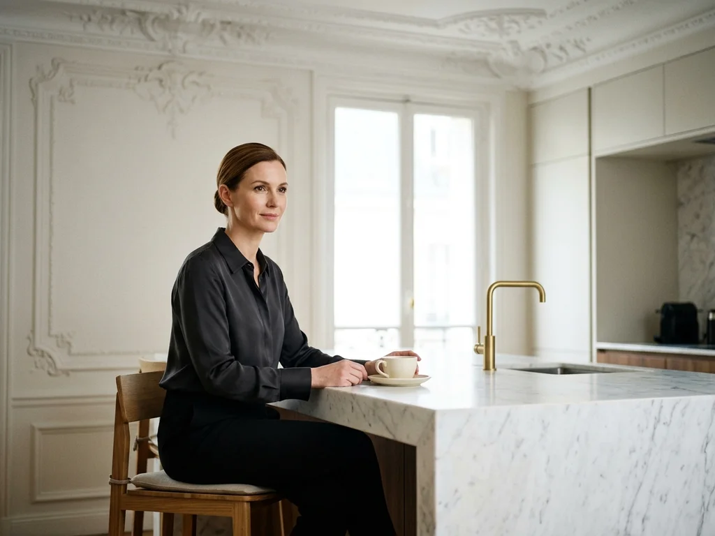 Cuisine de luxe rénovée dans le 16e, mariant élégance haussmannienne et finitions contemporaines raffinées.