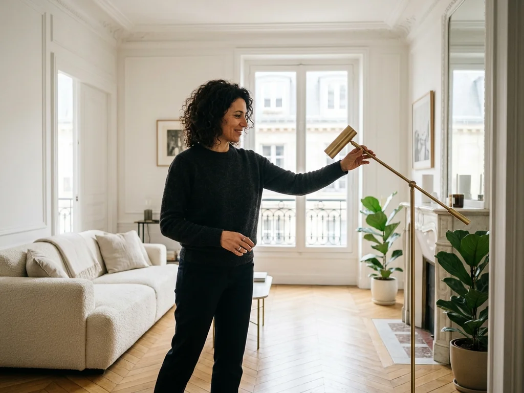 Aménagement contemporain d'un duplex à La Muette avec mobilier élégant et finitions en laiton.