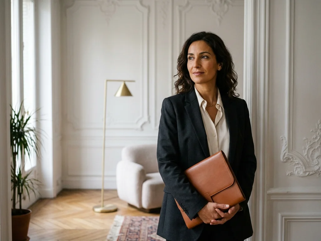 Salon haussmannien luxueux du 16e arrondissement avec une experte en immobilier élégante.