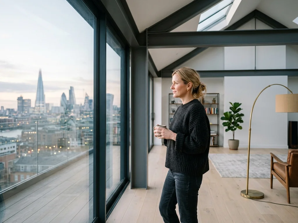 Une femme contemple la vue depuis une extension de toit moderne illustrant une surélévation réussie.