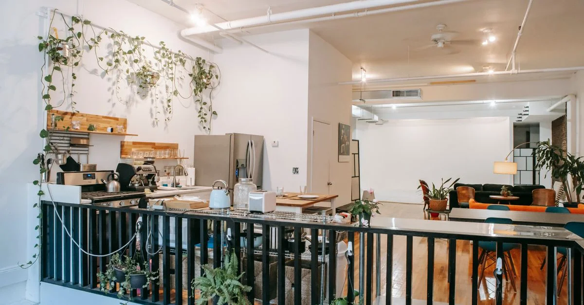 Loft spacieux et élégant avec une cuisine moderne et des plantes d'intérieur vibrantes.