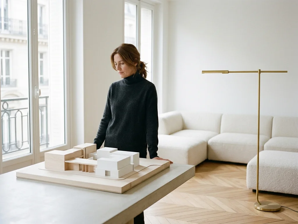 Intérieur épuré d'un loft contemporain avec finitions dorées et mobilier minimaliste à Passy.