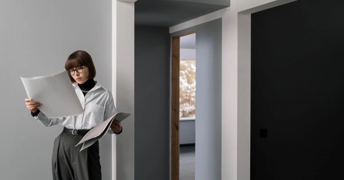 Femme d'affaires examinant des plans architecturaux dans un intérieur d'appartement moderne.
