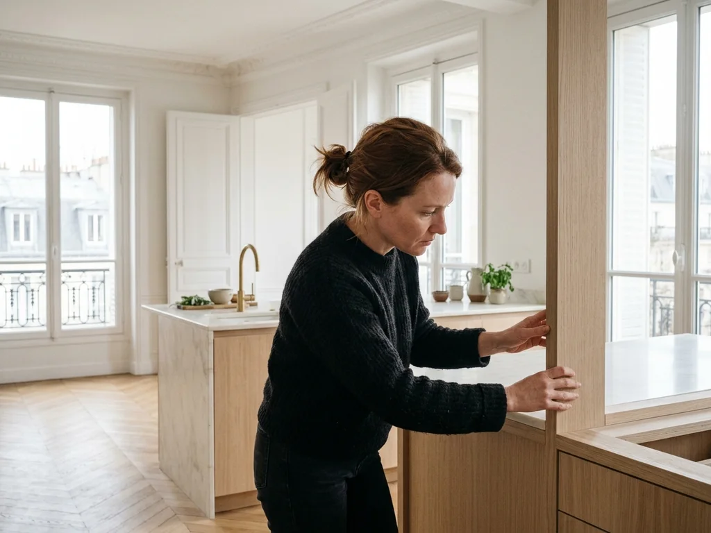 Architecte inspectant les finitions d'une cuisine parisienne rénovée avec des matériaux haut de gamme.