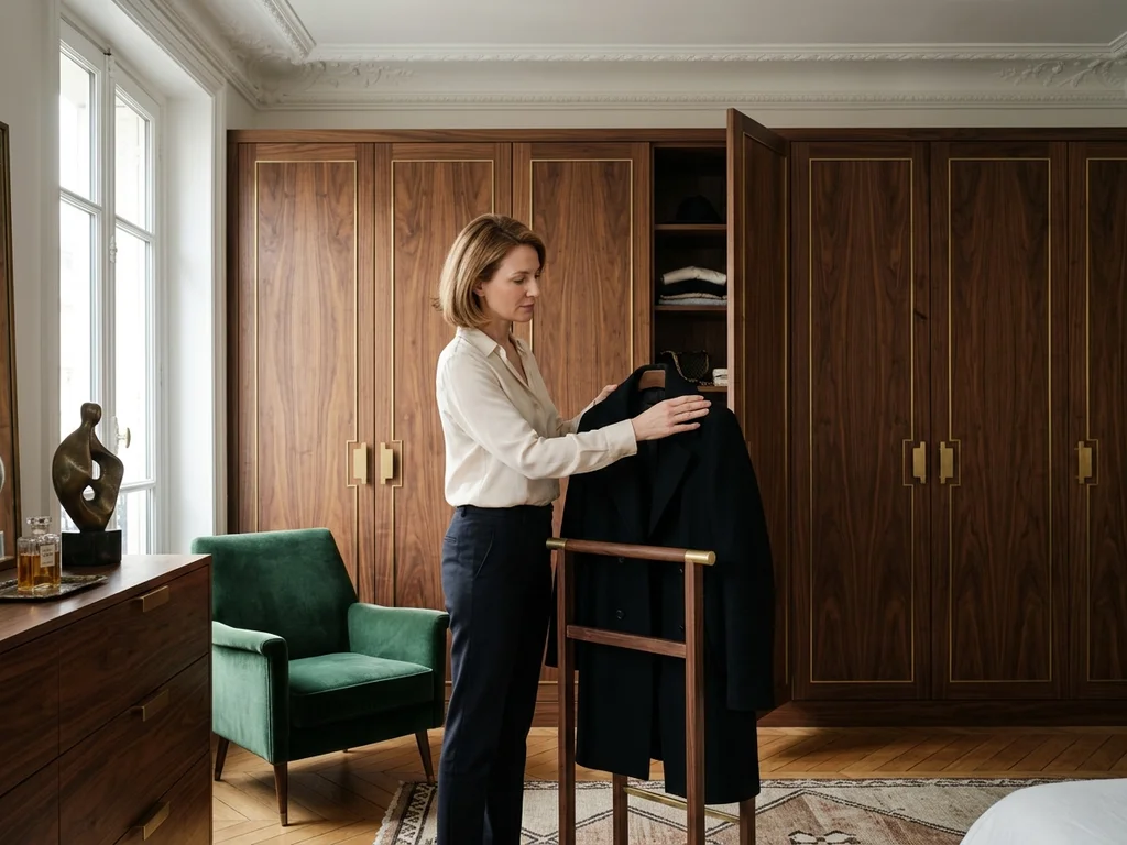 Suite parentale avec dressing en noyer et laiton dans un grand appartement familial du 16ème.