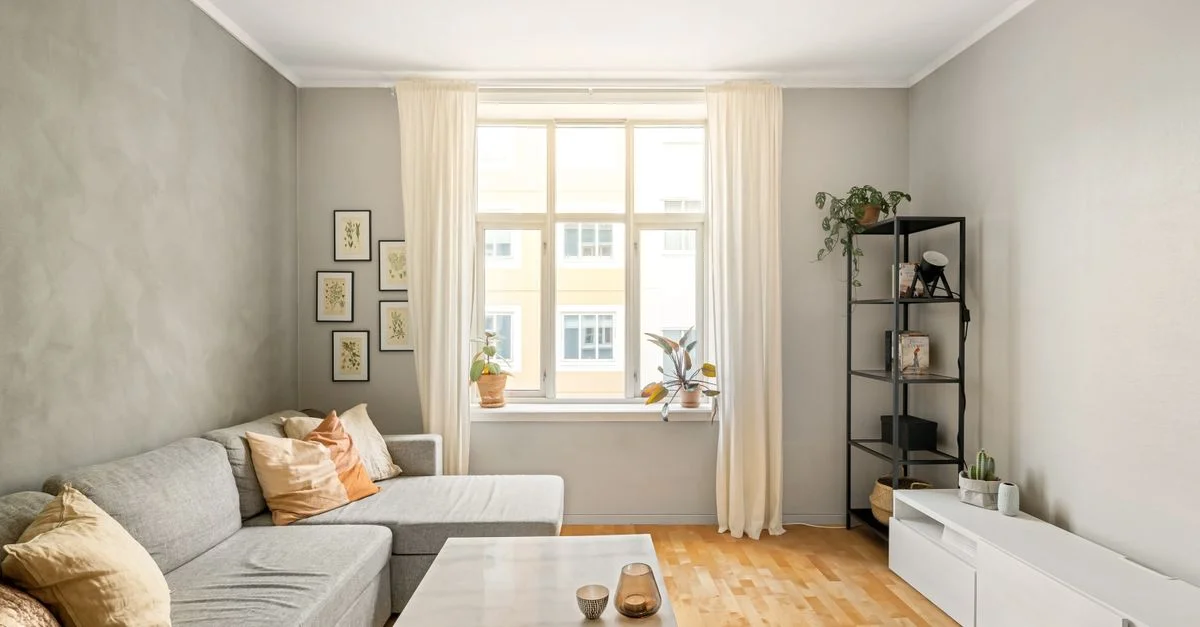 Un salon moderne, lumineux et spacieux avec un canapé gris, une élégante table basse et une grande fenêtre laissant entrer la lumière naturelle.